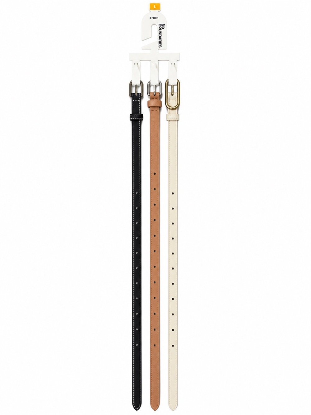 No Boundaries 3-Pack Slim Belts in Black, Brown & Cream